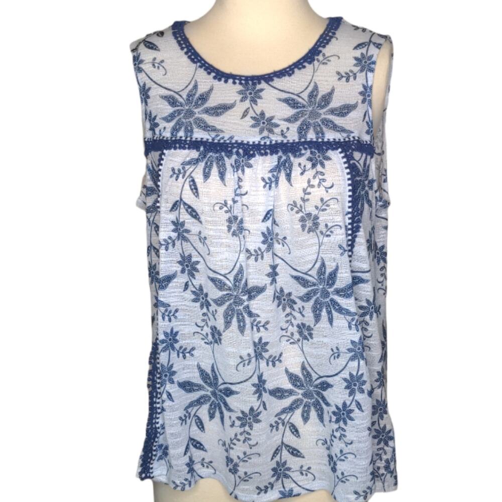 VINTAGE AMERICA Blue Floral Top Decorative Fringe Edge Sleeveless Top Medium